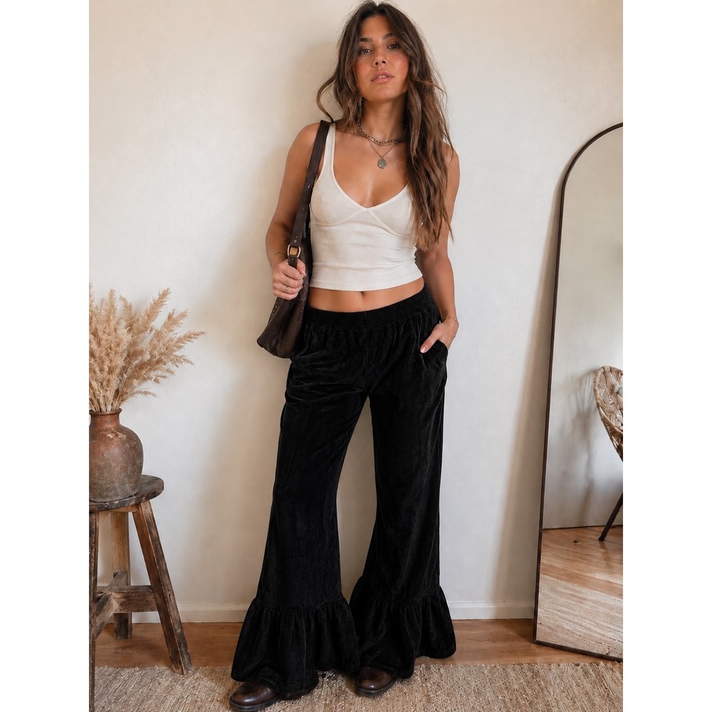 Umgee Black Velour Cropped Pants XL Boho Ruffle Hem Wide Leg